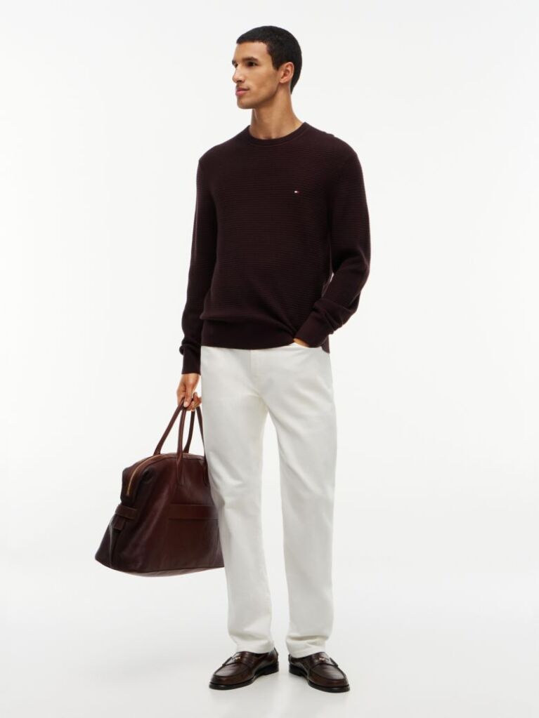 Brown Textured Crew Neck Jumper With Cashmere  Men