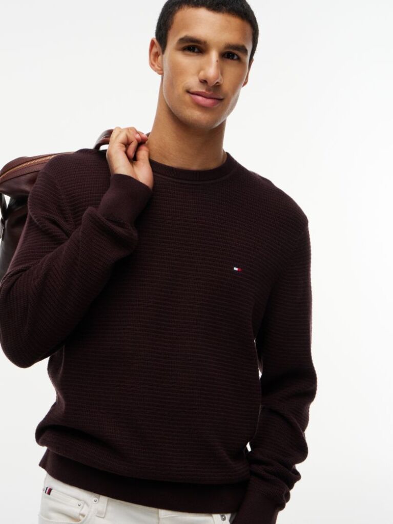 Brown Textured Crew Neck Jumper With Cashmere  Men