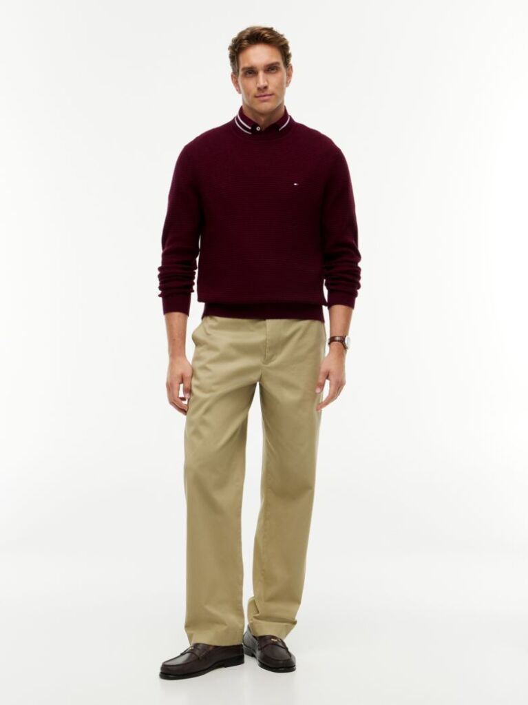 Red Textured Crew Neck Jumper With Cashmere  Men