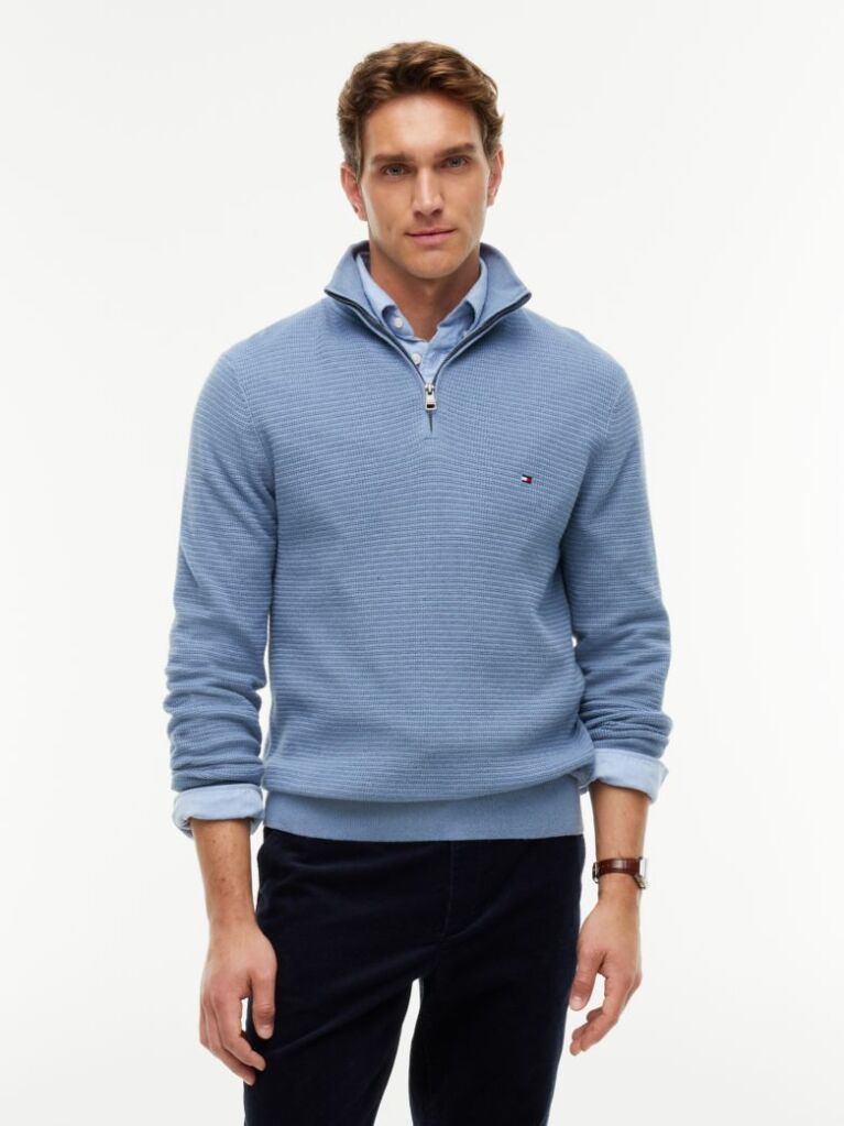 Blue Textured Quarter-Zip Mock Neck Jumper With Cashmere  Men