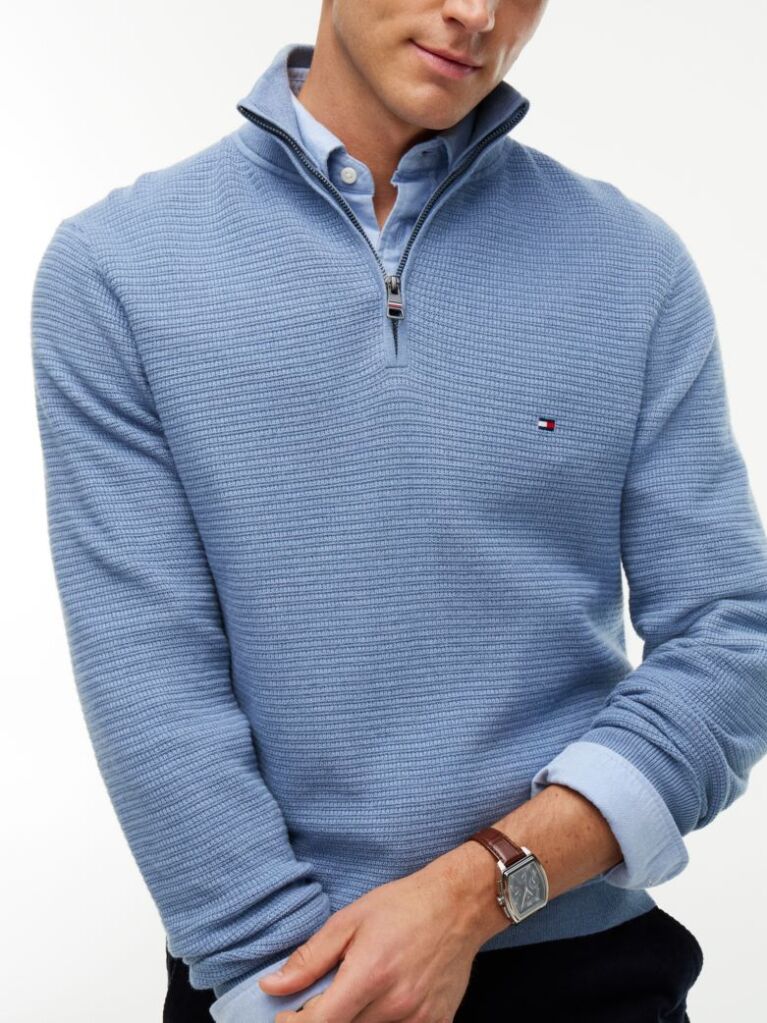 Blue Textured Quarter-Zip Mock Neck Jumper With Cashmere  Men