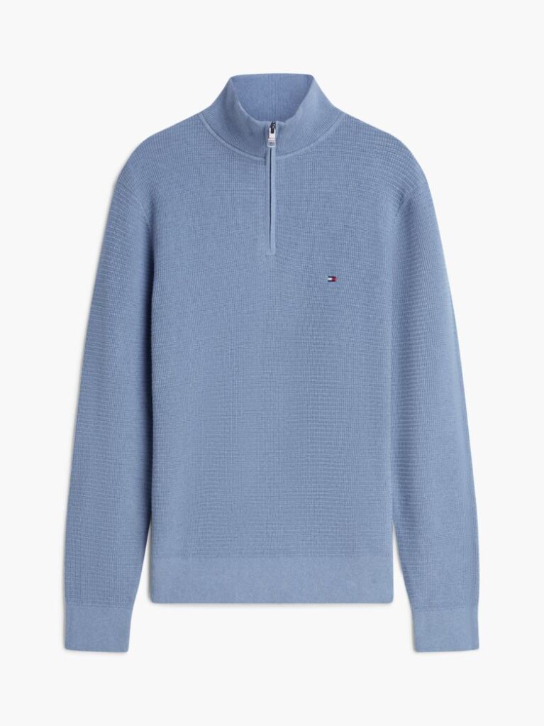 Blue Textured Quarter-Zip Mock Neck Jumper With Cashmere  Men