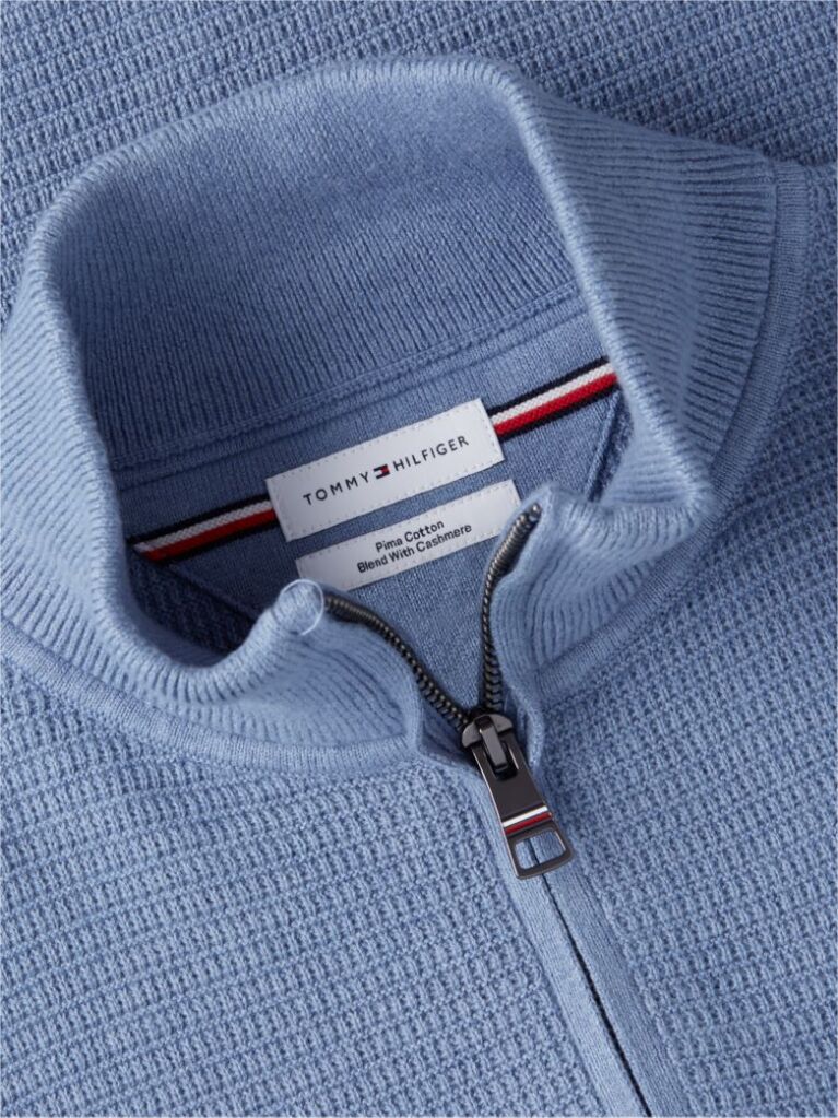 Blue Textured Quarter-Zip Mock Neck Jumper With Cashmere  Men
