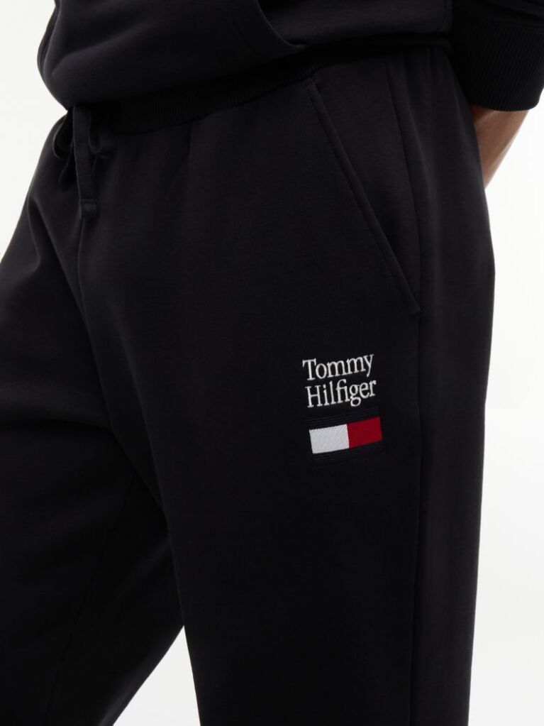 Black Logo Embroidery Fleece Drawstring Joggers  Men