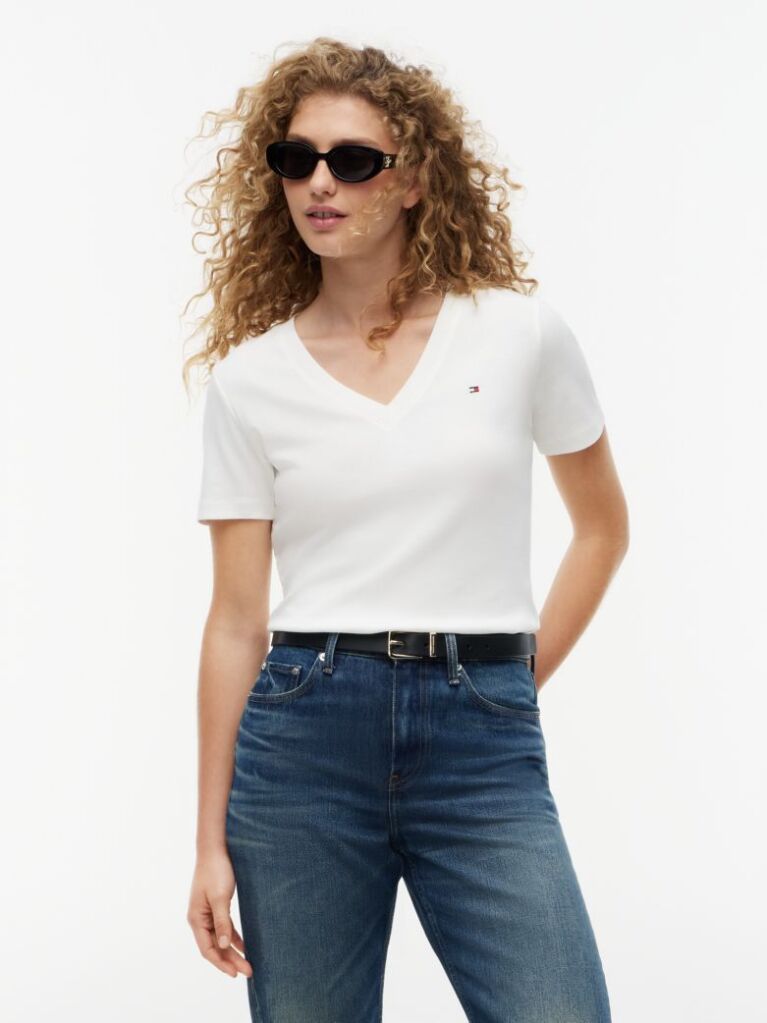 Beige V-Neck Slim Fit T-Shirt  Women