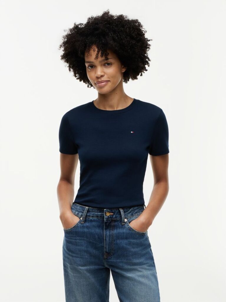 Μπλε Ριμπ T-Shirt Σε Slim Γραμμή Με Κεντητό Σημαιάκι  Γυναίκες