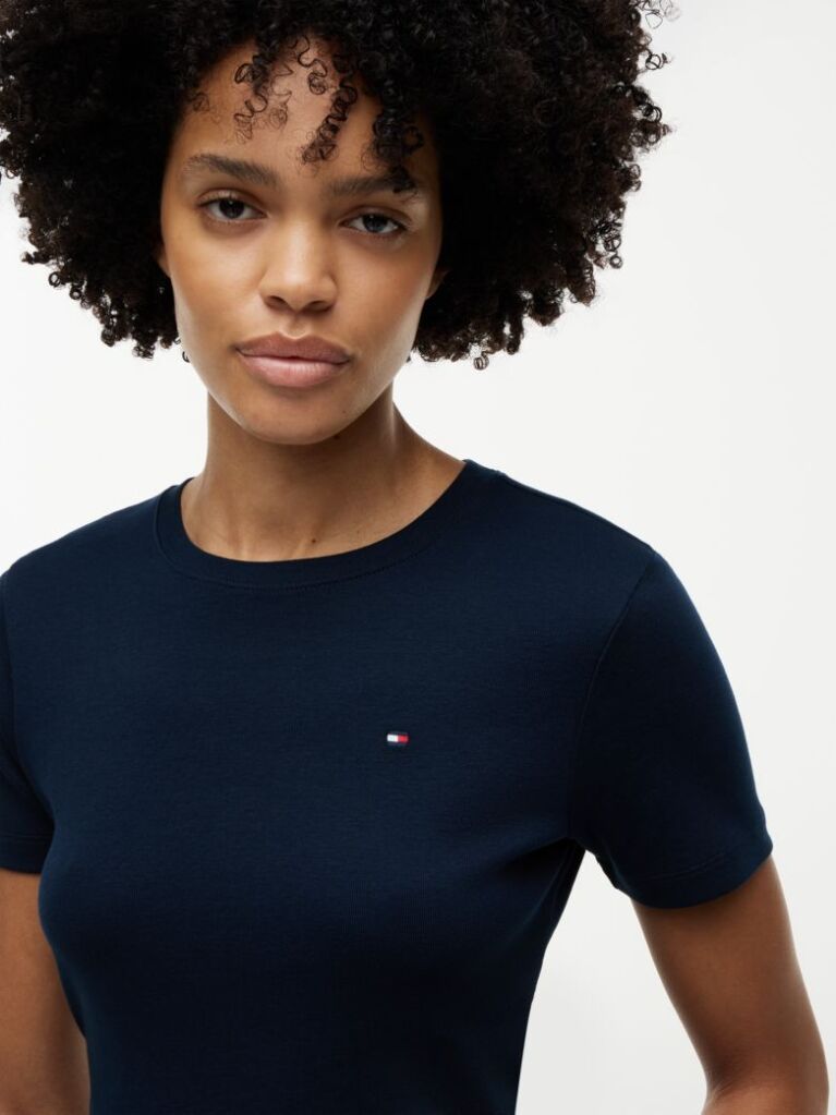 Μπλε Ριμπ T-Shirt Σε Slim Γραμμή Με Κεντητό Σημαιάκι  Γυναίκες