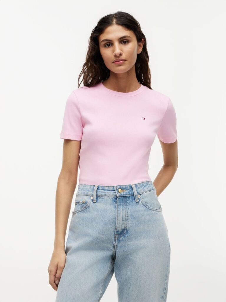 Pink Flag Embroidery Ribbed Slim T-Shirt  Women