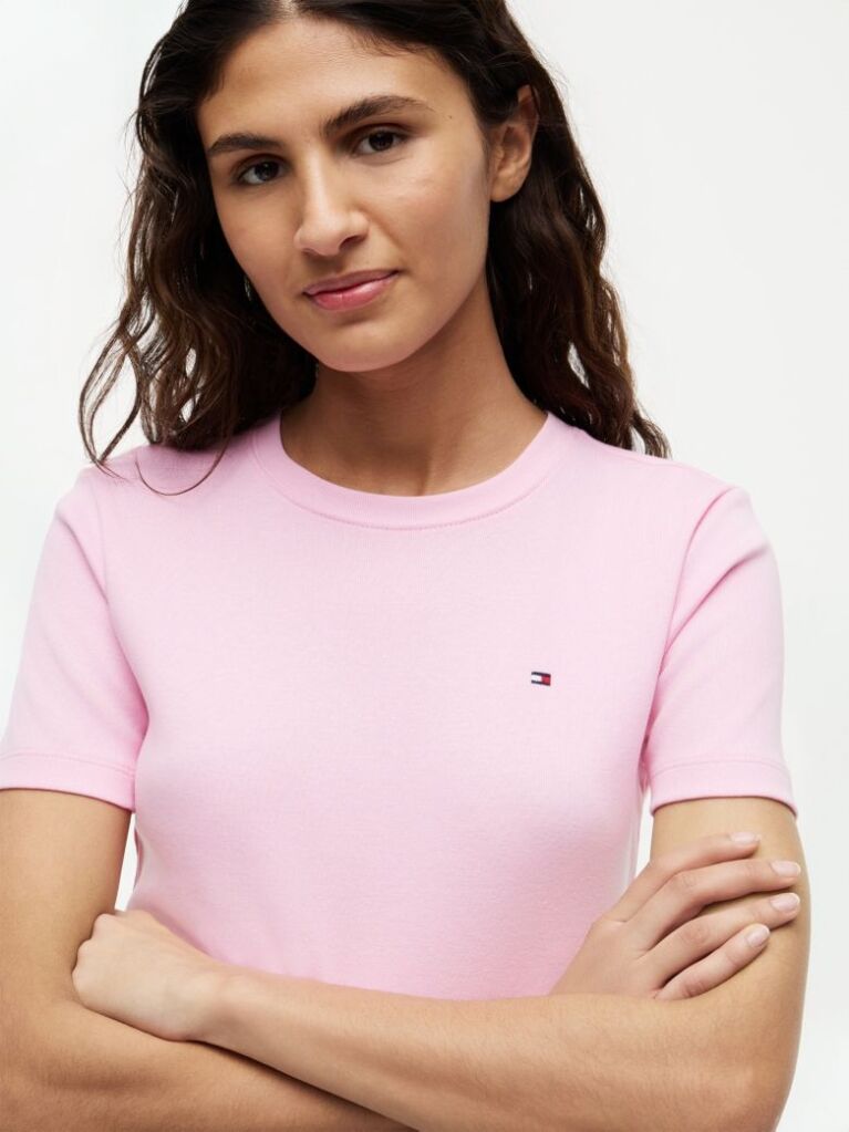 Pink Flag Embroidery Ribbed Slim T-Shirt  Women