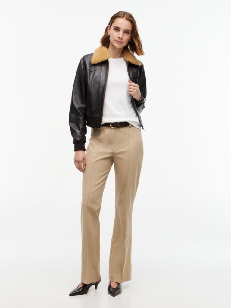 Beige Flag Embroidery Ribbed Slim T-Shirt  Women