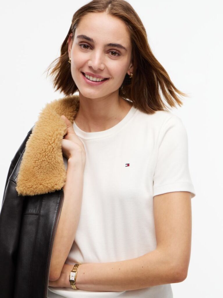 Beige Flag Embroidery Ribbed Slim T-Shirt  Women