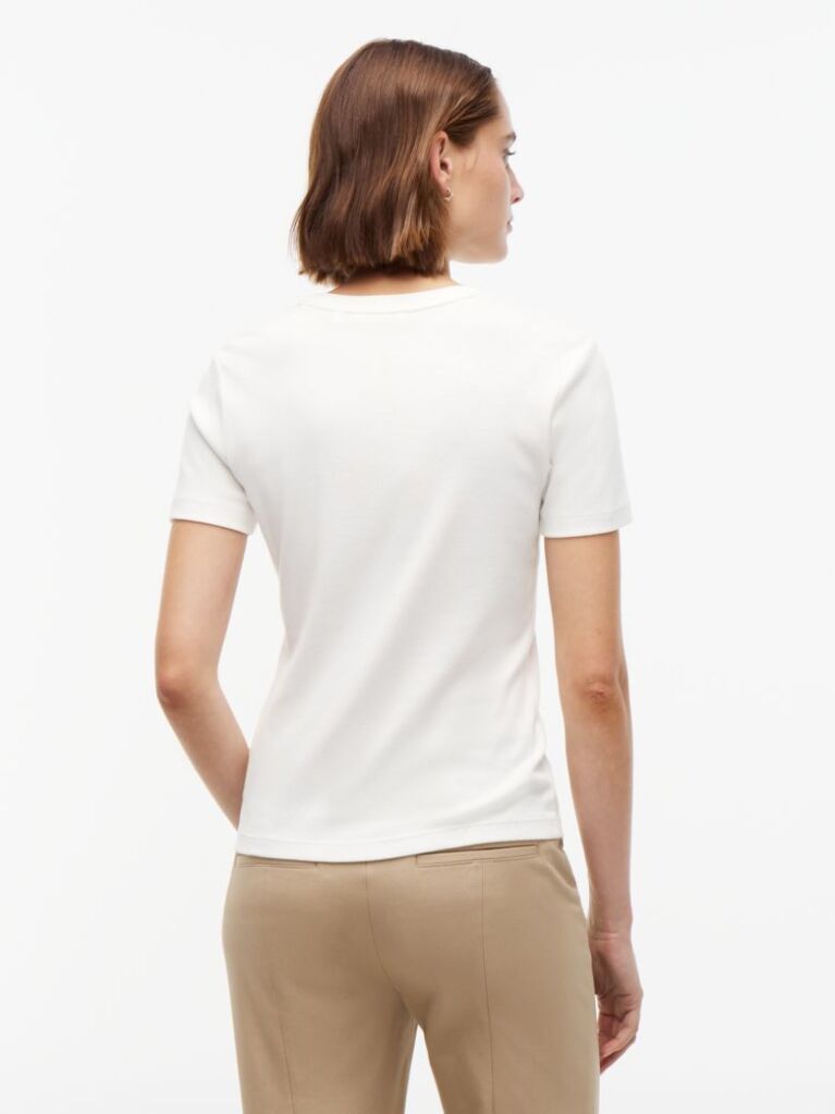 Beige Flag Embroidery Ribbed Slim T-Shirt  Women