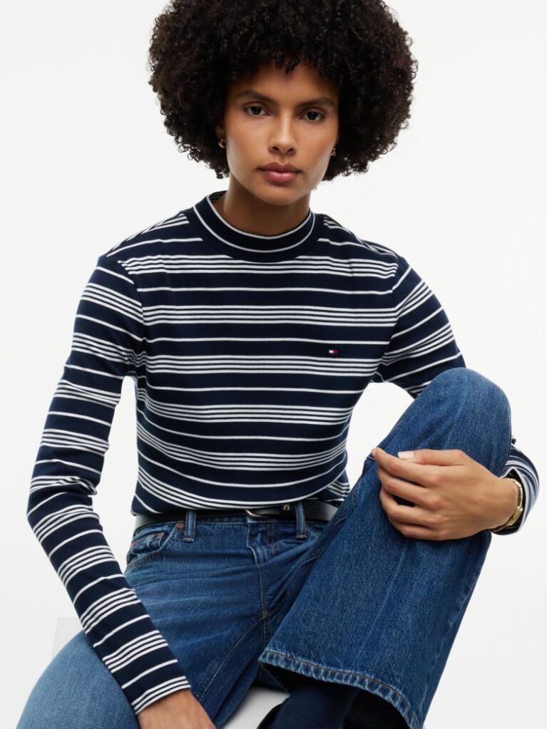 Slim Mock Neck Long Sleeve T-Shirt — Broken Stripe Dark Blue / Ecru