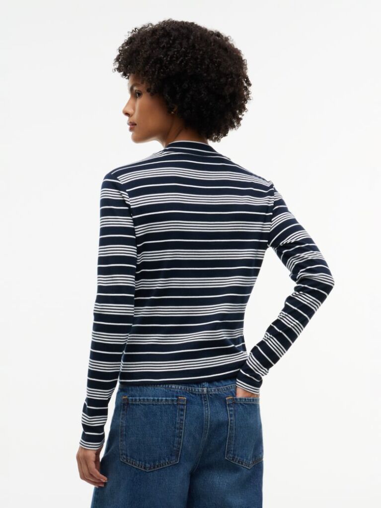 Slim Mock Neck Long Sleeve T-Shirt — Broken Stripe Dark Blue / Ecru