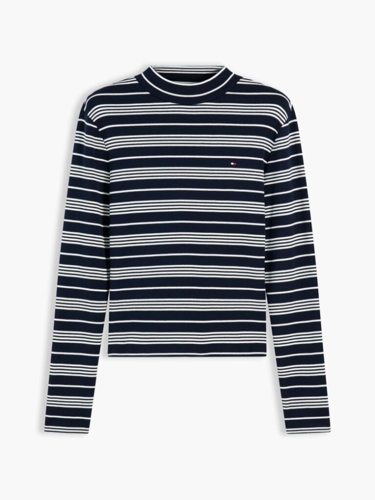 Slim Mock Neck Long Sleeve T-Shirt — Broken Stripe Dark Blue / Ecru