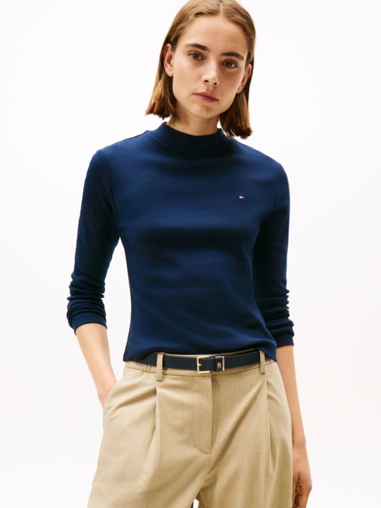 Slim Mock Neck Long Sleeve T-Shirt — Blue