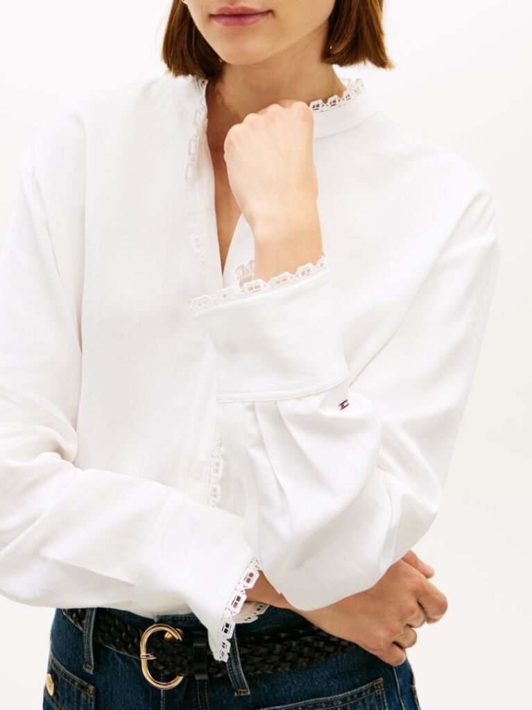 White Oversized Fit Lace Trim Shirt With Linen  Women