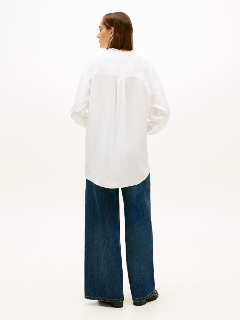 White Oversized Fit Lace Trim Shirt With Linen  Women