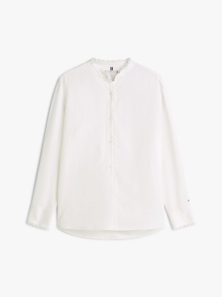 White Oversized Fit Lace Trim Shirt With Linen  Women