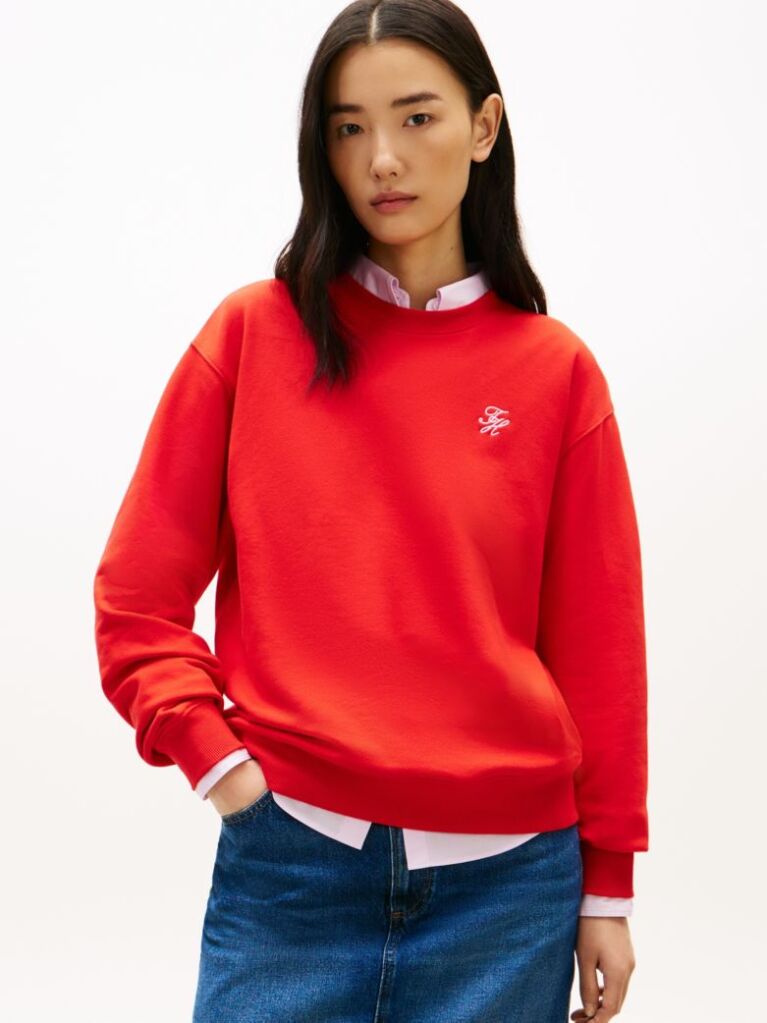 Red Logo Embroidery Crew Neck Sweatshirt  Women
