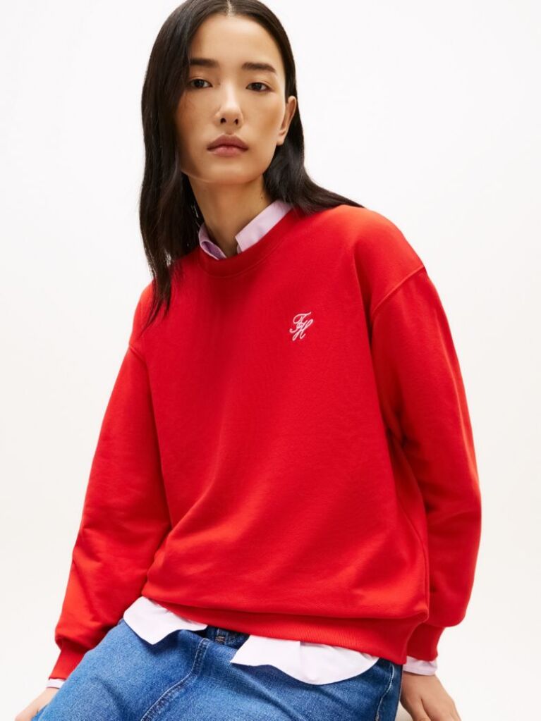 Red Logo Embroidery Crew Neck Sweatshirt  Women