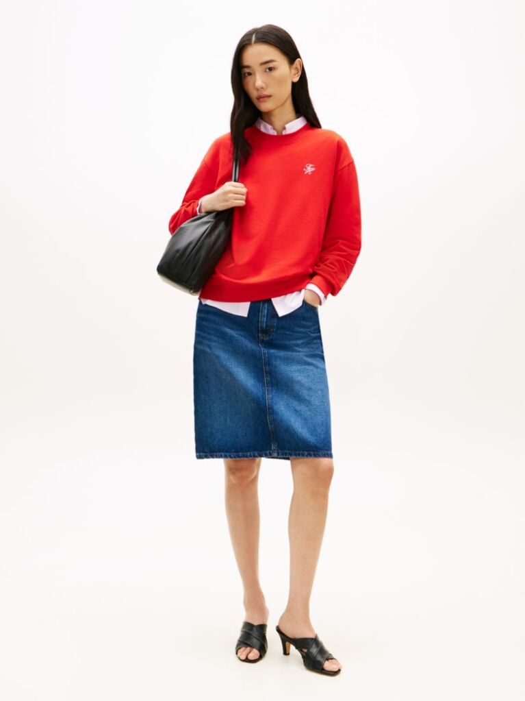Red Logo Embroidery Crew Neck Sweatshirt  Women