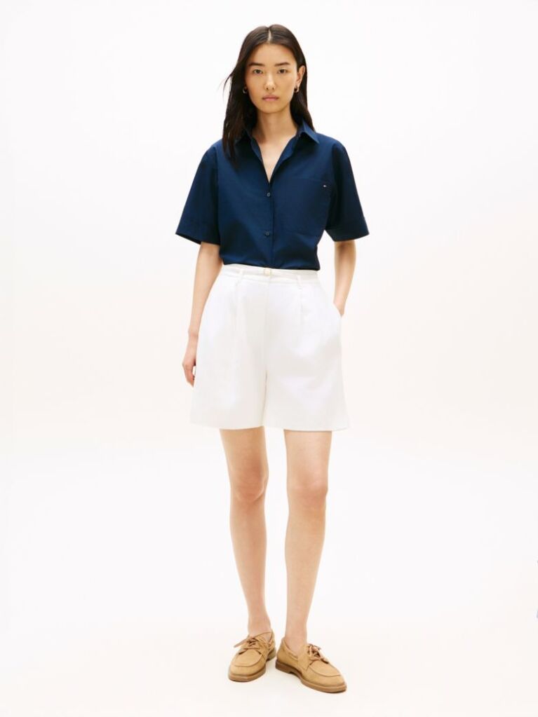Blue Poplin Short Sleeve Shirt  Women