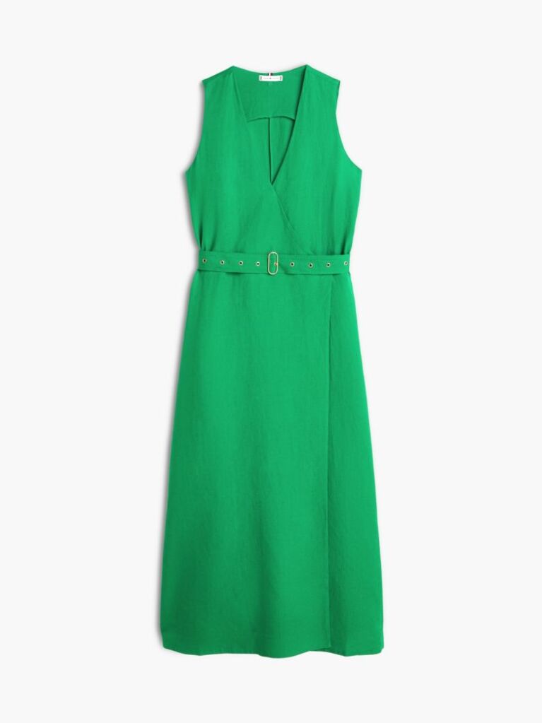 Green Belted Linen Blend Sleeveless Wrap Midi Dress  Women