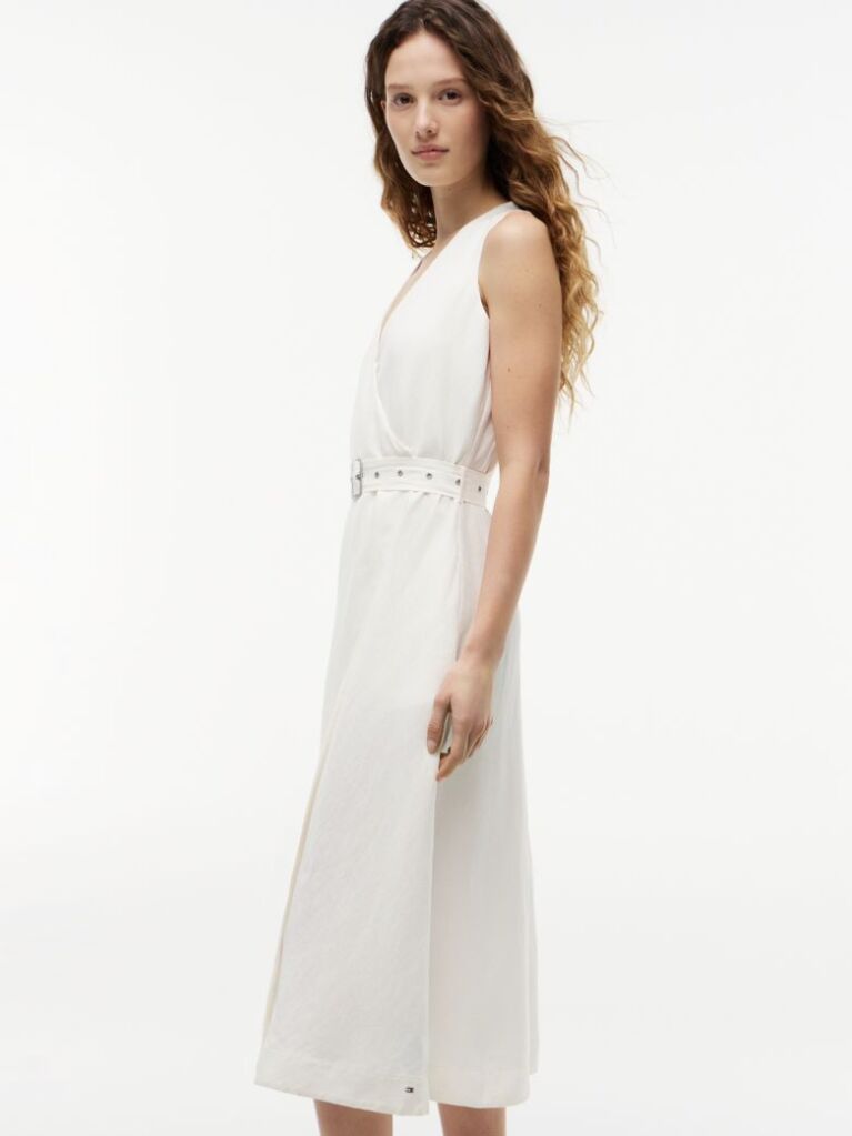 White Belted Linen Blend Sleeveless Wrap Midi Dress  Women