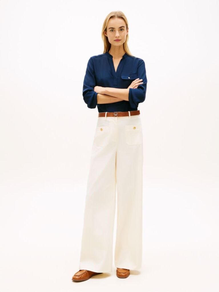 Beige Crest Embossed Button Wide Leg Chinos  Women