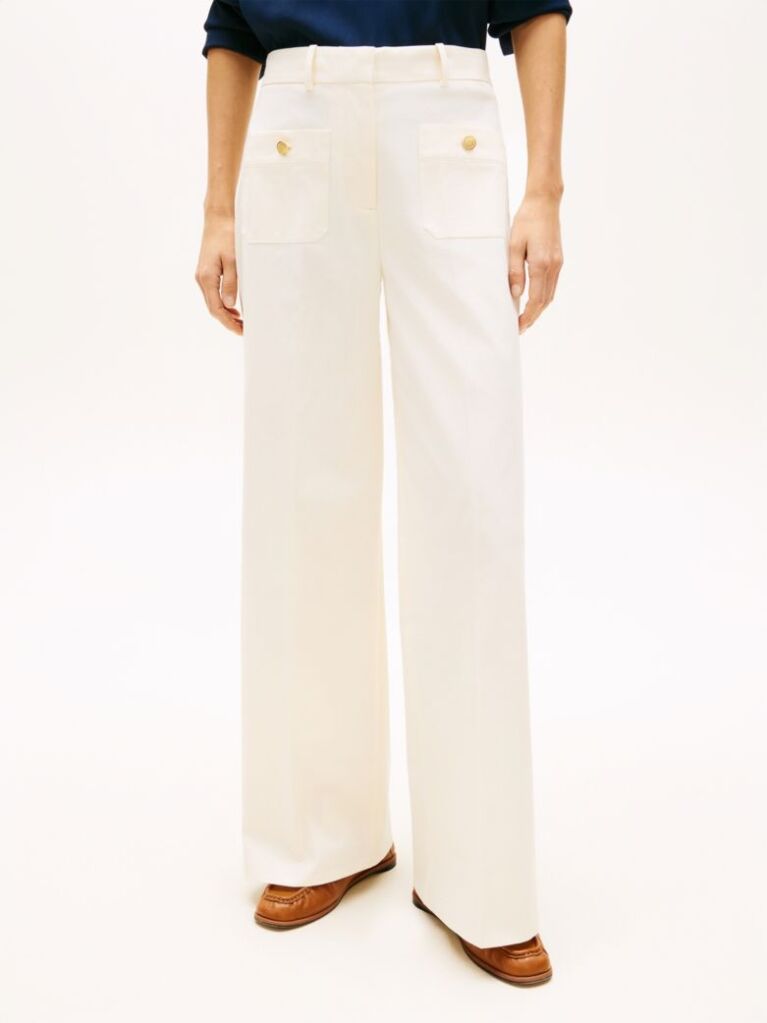 Beige Crest Embossed Button Wide Leg Chinos  Women