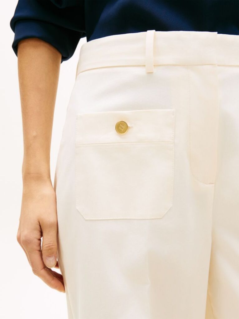 Beige Crest Embossed Button Wide Leg Chinos  Women