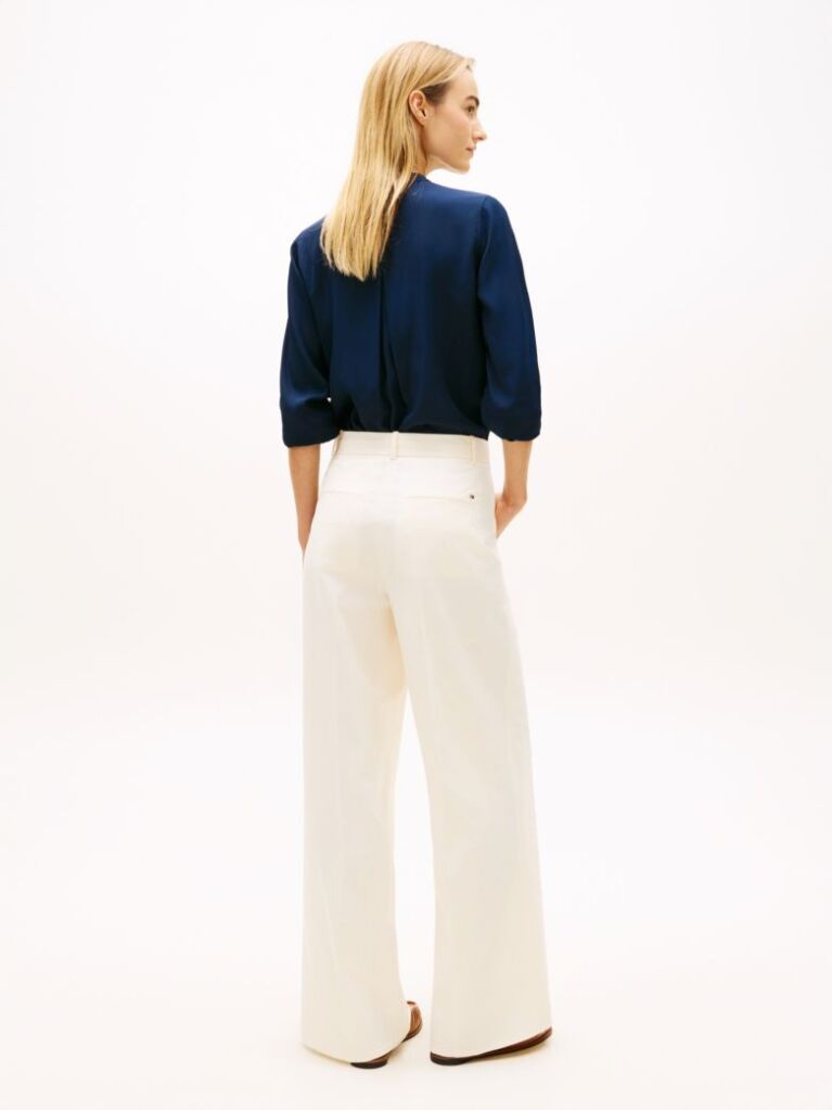 Beige Crest Embossed Button Wide Leg Chinos  Women
