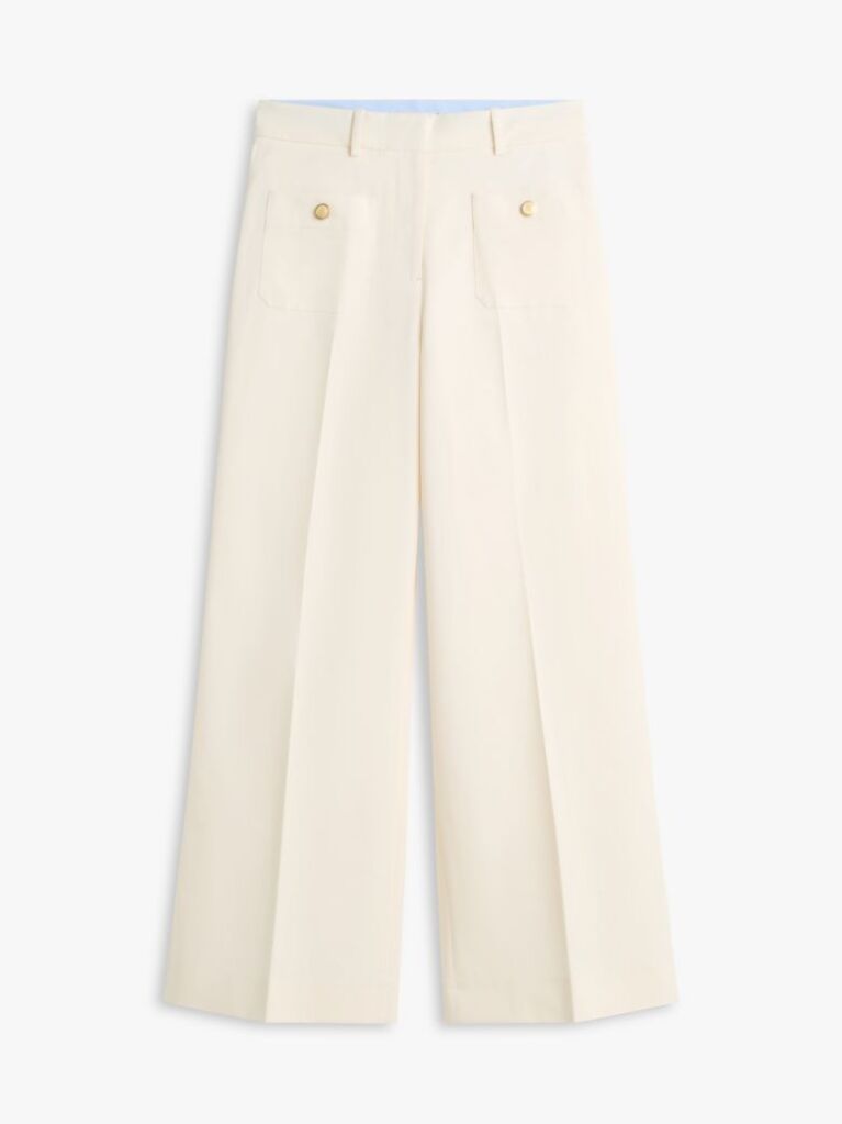 Beige Crest Embossed Button Wide Leg Chinos  Women