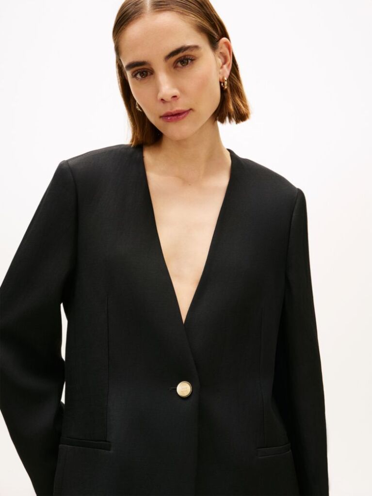 Μαύρο Άνετο Λινό Blazer Με Χρυσό Κουμπί  Γυναίκες