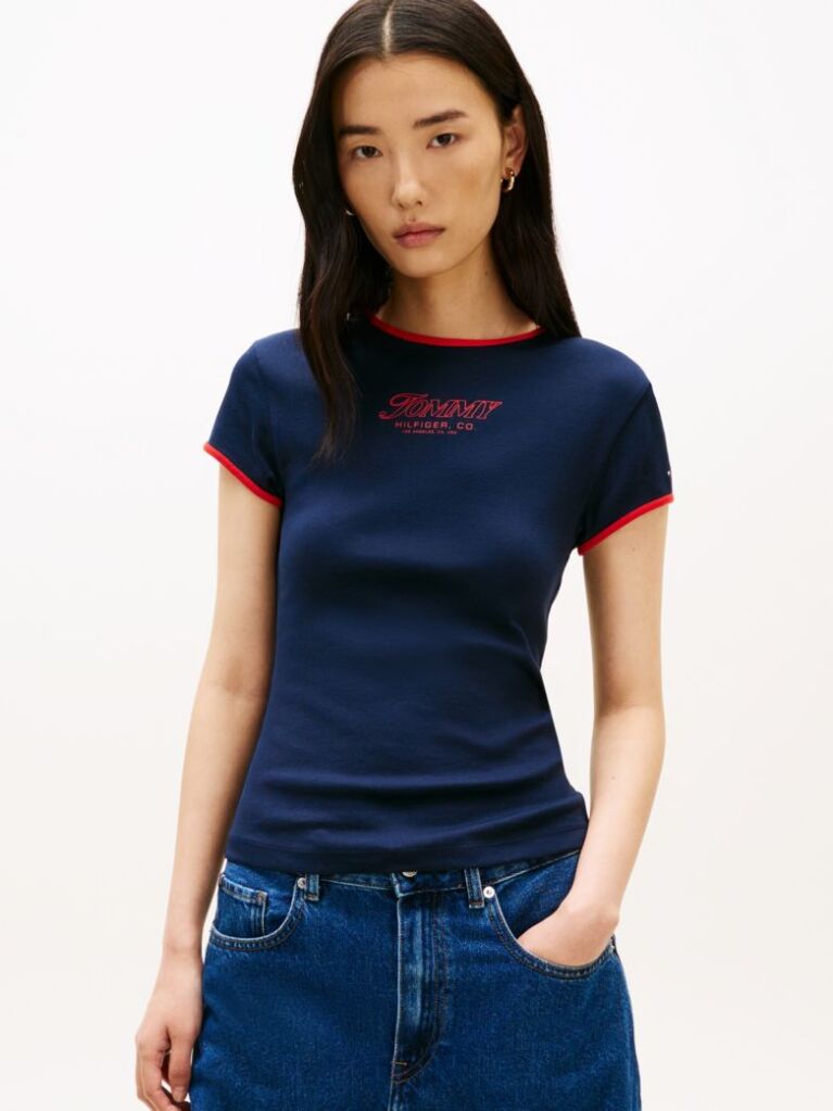 Blue Logo Graphic Slim Ringer T-Shirt  Women