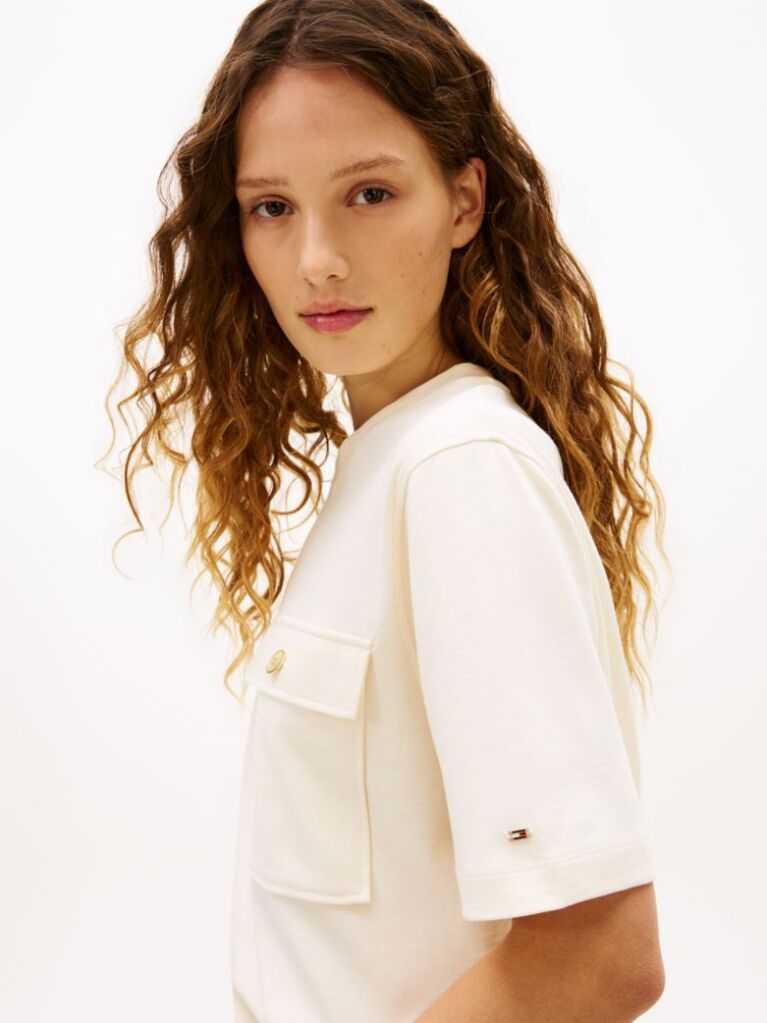 Beige Gold-Tone Button Pocket Relaxed T-Shirt  Women