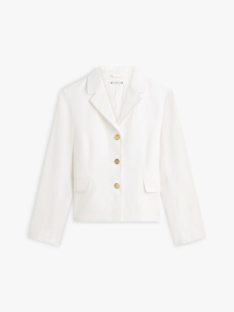 White Slim Fit Gold-Tone Button Linen Blend Blazer  Women