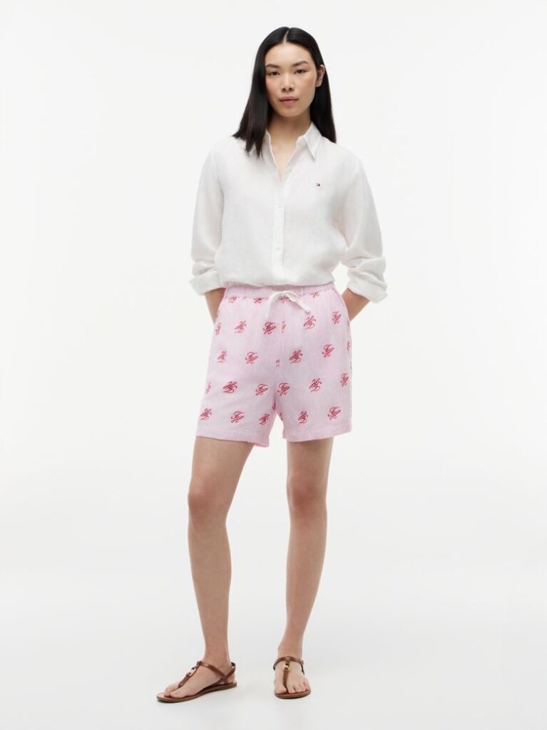 Pink Linen Blend Print Relaxed Shorts  Women