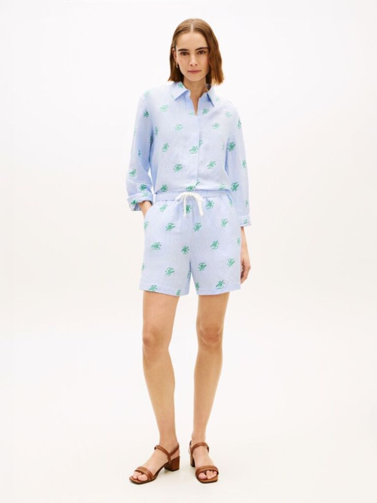 Blue Linen Blend Print Relaxed Shorts  Women