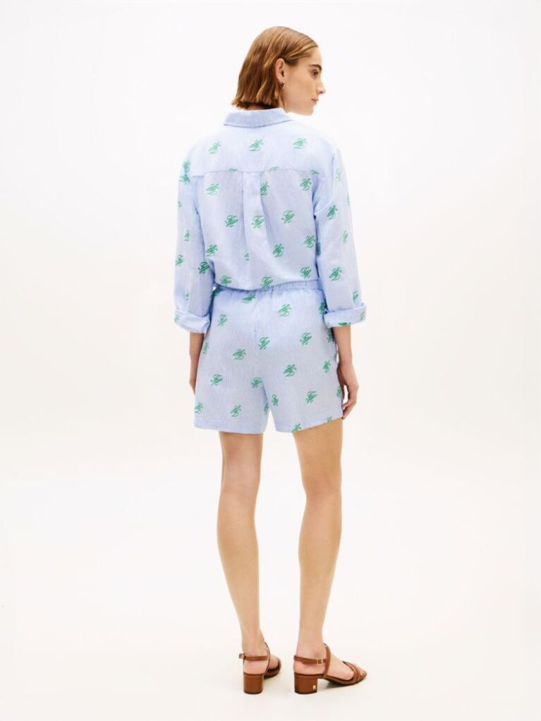 Blue Linen Blend Print Relaxed Shorts  Women