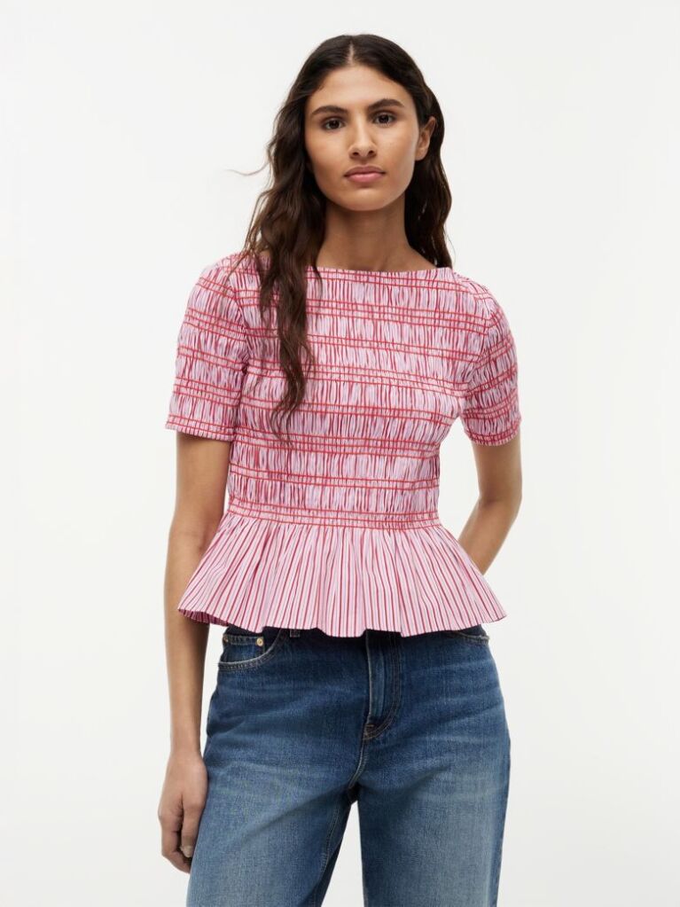 Multi Smock Stripe Ruffle Boat Neck Top  Women