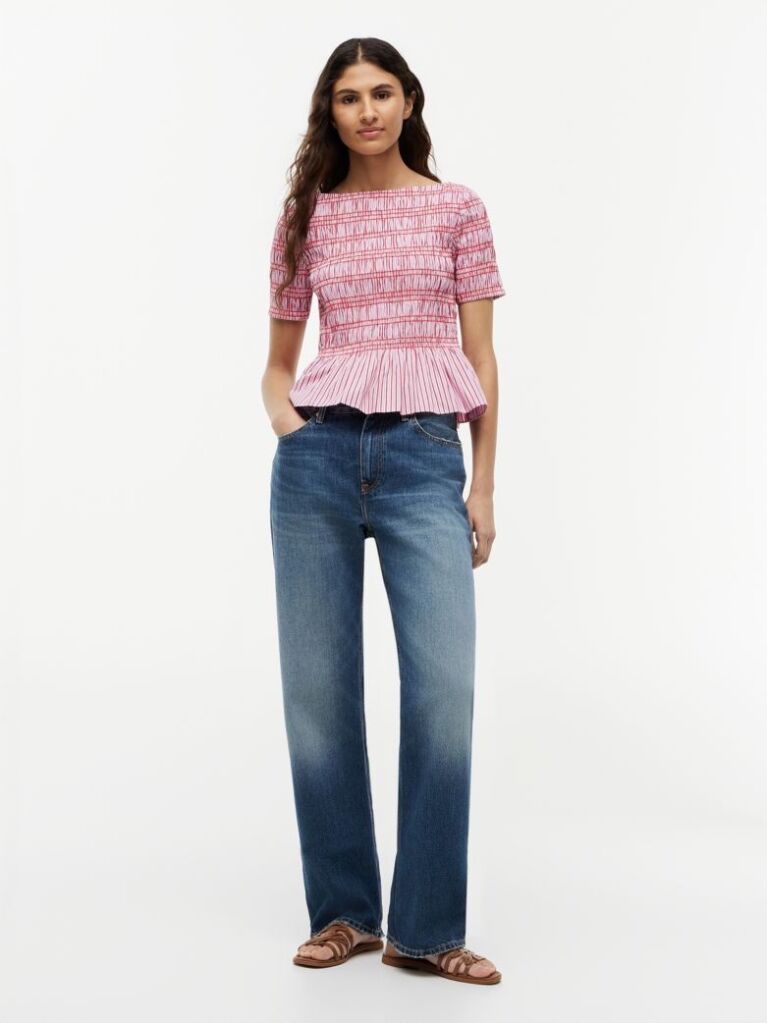 Multi Smock Stripe Ruffle Boat Neck Top  Women