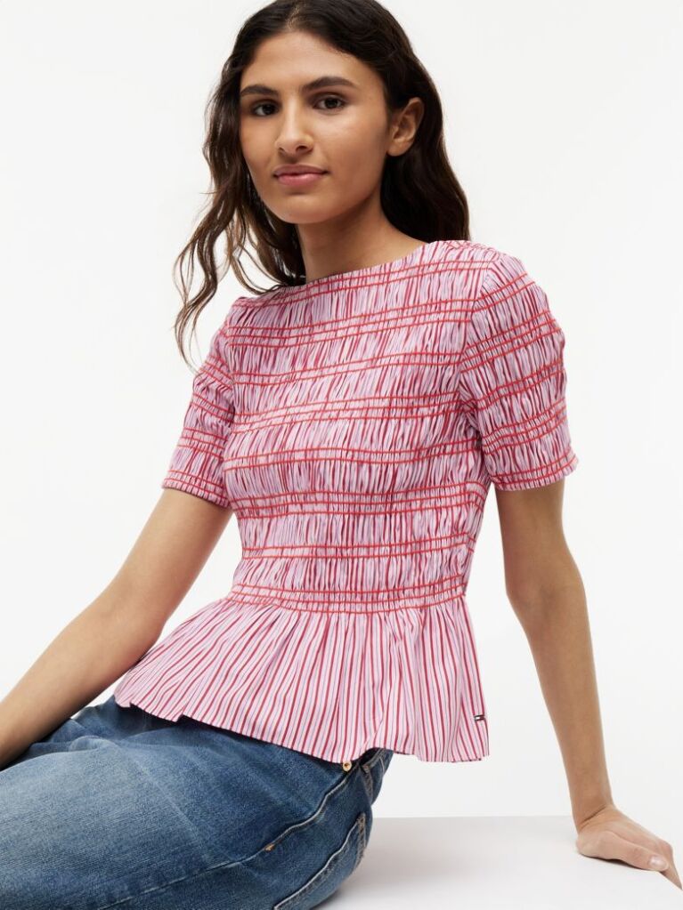 Multi Smock Stripe Ruffle Boat Neck Top  Women