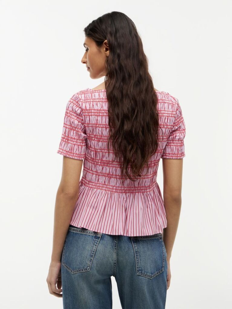 Multi Smock Stripe Ruffle Boat Neck Top  Women