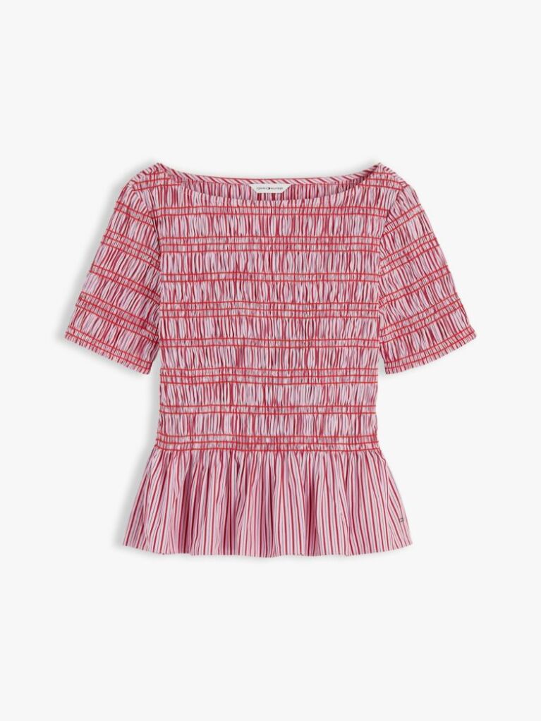 Multi Smock Stripe Ruffle Boat Neck Top  Women