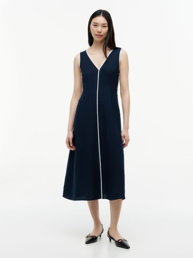 Blue Gold-Tone Button Linen Blend Maxi Dress  Women