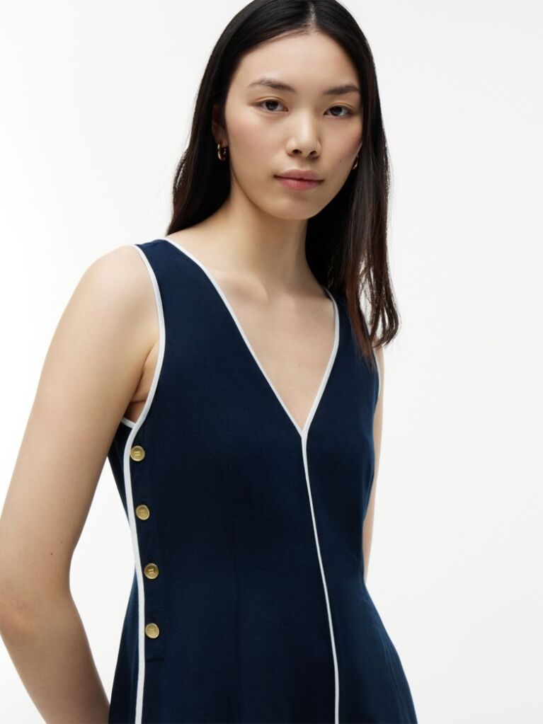 Blue Gold-Tone Button Linen Blend Maxi Dress  Women