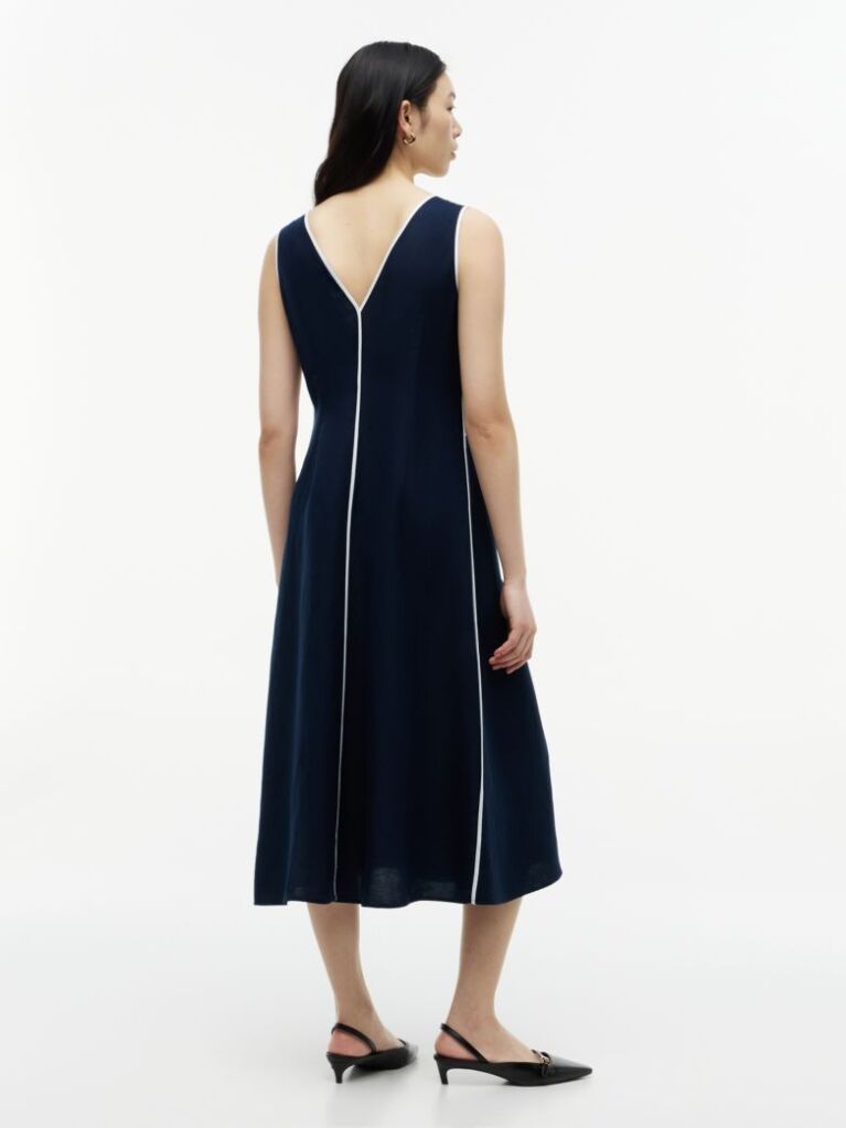 Blue Gold-Tone Button Linen Blend Maxi Dress  Women