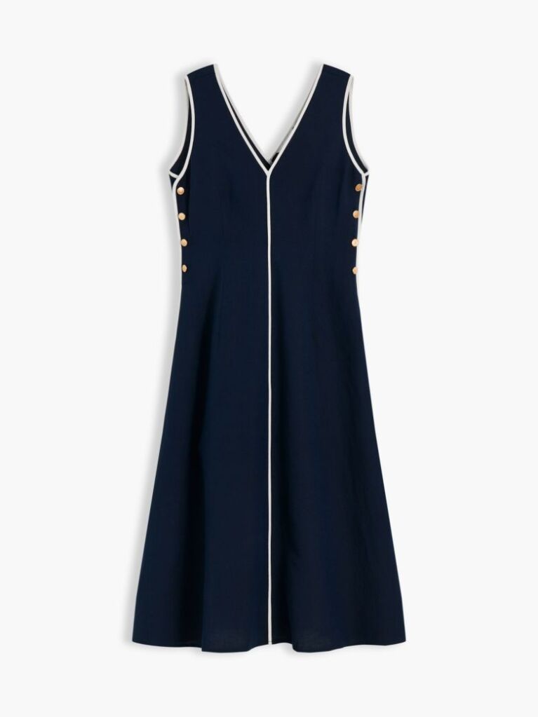 Blue Gold-Tone Button Linen Blend Maxi Dress  Women
